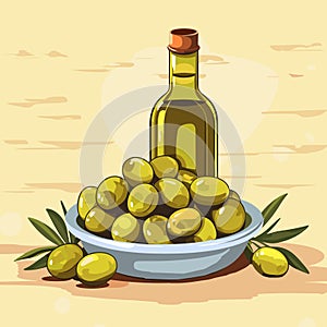 Freshly pressed olive oil bottle and olives vector illustration. Olive oil icon