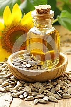 Freshly pressed sunflower oil, with sunflower in the background. AI generative