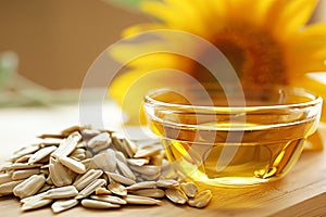 Freshly pressed sunflower oil, with sunflower in the background. AI generative