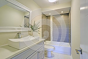 Freshly renovated bathroom features shower tub combo