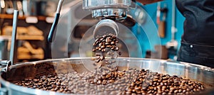 Freshly roasted aromatic coffee beans on advanced modern coffee roasting machine