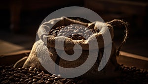 Freshly roasted coffee beans in burlap sack, perfect for brewing generated by AI
