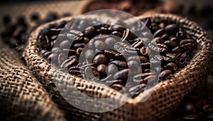 Freshly roasted coffee beans in a burlap sack, ready to brew generated by AI