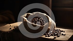 Freshly roasted coffee beans in burlap sack on rustic table generated by AI