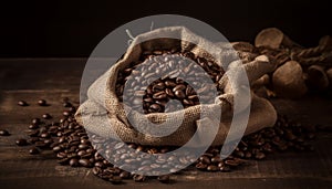 Freshly roasted coffee beans in a burlap sack on wooden table generated by AI