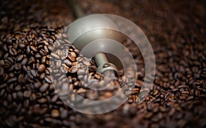 Freshly roasted coffee beans in roasting machine
