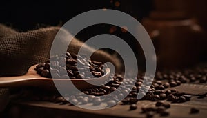 Freshly roasted coffee beans in a rustic burlap sack heap generated by AI