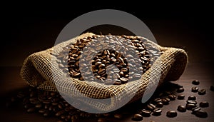 Freshly roasted coffee beans spill from burlap sack onto table generated by AI