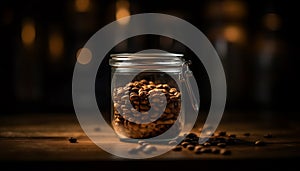 Freshly roasted coffee beans spill from a jar on wood table generated by AI