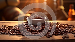Freshly roasted coffee beans in white bowl on the table in the morning, background with beautiful light and copy space, close up
