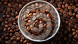 Freshly roasted coffee beans on wooden table top view close up