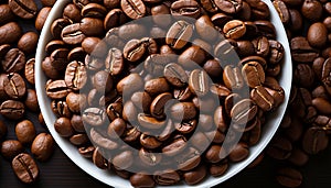 Freshly roasted coffee beans on wooden table top view close up