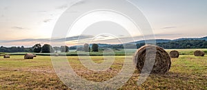 Freshly rolled bales of hay rest on a field at sunrise, banner