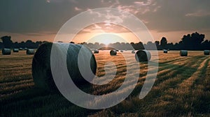 Freshly rolled hay bales in a field. Focus on hay bale in the foreground. AI Generative