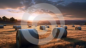 Freshly rolled hay bales in a field. Focus on hay bale in the foreground. AI Generative