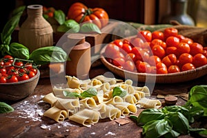 freshly rolled pasta with tomatoes and basil