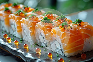 Freshly Rolled Sushi with Salmon and Vibrant Roe on Black Slate Japanese Delight