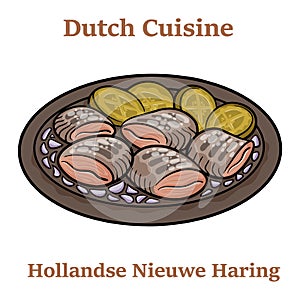 Freshly salted herring fish, traditional dutch delicacy called hollandse nieuwe on turquoise plate and white background