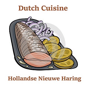 Freshly salted herring fish, traditional dutch delicacy called hollandse nieuwe on turquoise plate and white background