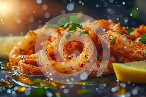 Freshly Seasoned Grilled Shrimp Garnished with Parsley and Lemon Slices, Delicious Seafood Cuisine, Close up with Vibrant Colors