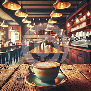 A freshly served flat white on rustic wooden table, blurred cafe environment. AI generated. photo