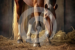 freshly shod horse hooves standing on hay