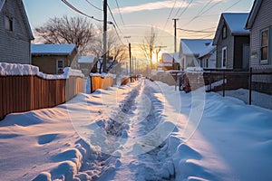 freshly shoveled snowy sidewalk with footprints