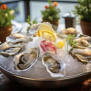 freshly shucked oysters, served on a bed of crushed ice with lemon wedges and mignonette sauce by AI generated