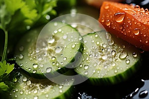 Freshly Sliced Carrots, Peppers, and Cucumbers on White Kitchen Cutting Board with Water Droplets