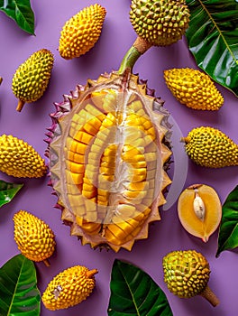 Freshly sliced durian fruit alongside smaller tropical fruits and vibrant green leaves on a light purple background a colorful and