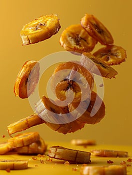 Freshly Sliced Ripe Plantains Floating in Air on a Vibrant Yellow Background for Culinary Concepts