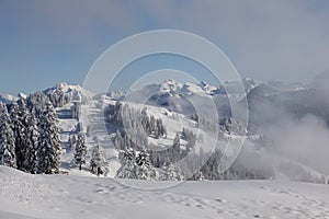 Freshly snowed winter landscape on the Ibergeregg in central Switzerland