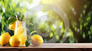 Freshly squeezed juice on wooden table outdoors with lemon trees, space for copy in natural setting