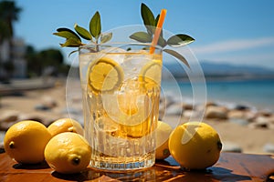 Freshly squeezed lemonade in glass with ice on table at beach, summer day. Generative AI