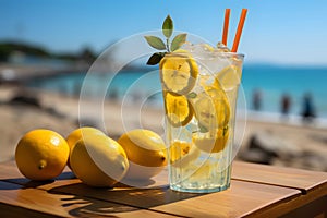 Freshly squeezed lemonade in glass with ice on table at beach, summer day. Generative AI