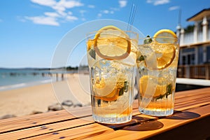 Freshly squeezed lemonade in glass with ice on table at beach, summer day. Generative AI