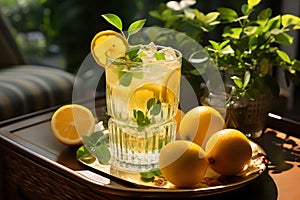 Freshly squeezed lemonade in glass with ice on table at living room, summer day. Generative AI