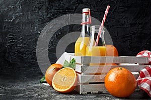 Freshly squeezed orange juice in glass bottle