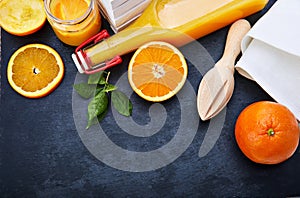 Freshly squeezed orange juice in glass bottle