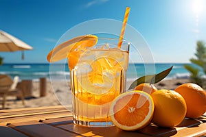 Freshly squeezed orange juice in glass with ice on table at sand beach, Generative AI