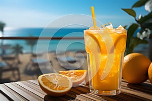 Freshly squeezed orange juice in glass with ice on table at sand beach, Generative AI