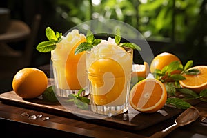 Freshly squeezed orange juice in glass with ice on wooden board outdoor. Generative AI