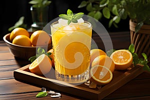 Freshly squeezed orange juice in glass with ice on wooden board outdoor. Generative AI