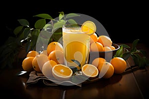 Freshly squeezed orange juice in glass at rustic kitchen Generative AI