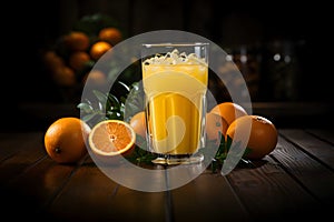 Freshly squeezed orange juice in glass at rustic kitchen Generative AI