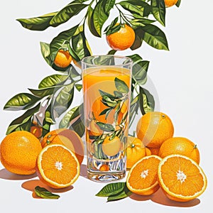 Fresh Orange Juice in Glass with Whole and Sliced Oranges and Green Leaves