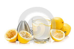 Freshly squeezed organic lemon juice with glass and squeezer.