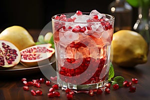 Freshly squeezed pomegranate in glass with ice on table at beach. Generative AI