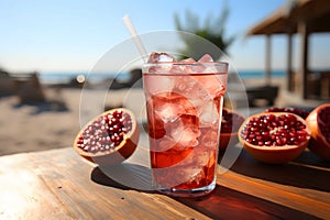 Freshly squeezed pomegranate in glass with ice on table at beach. Generative AI