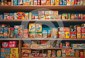 Freshly stocked shelves of food products ready for sale in a retail store, AI-generated.